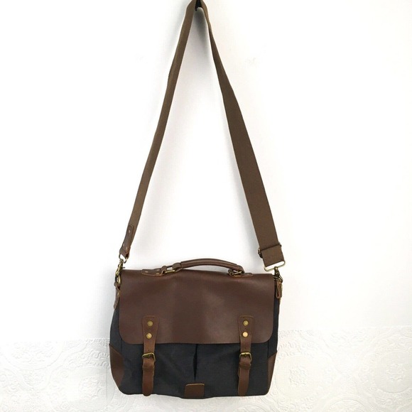 Retro leather & gray fabric laptop carry on travel work messenger bag - Picture 7 of 12